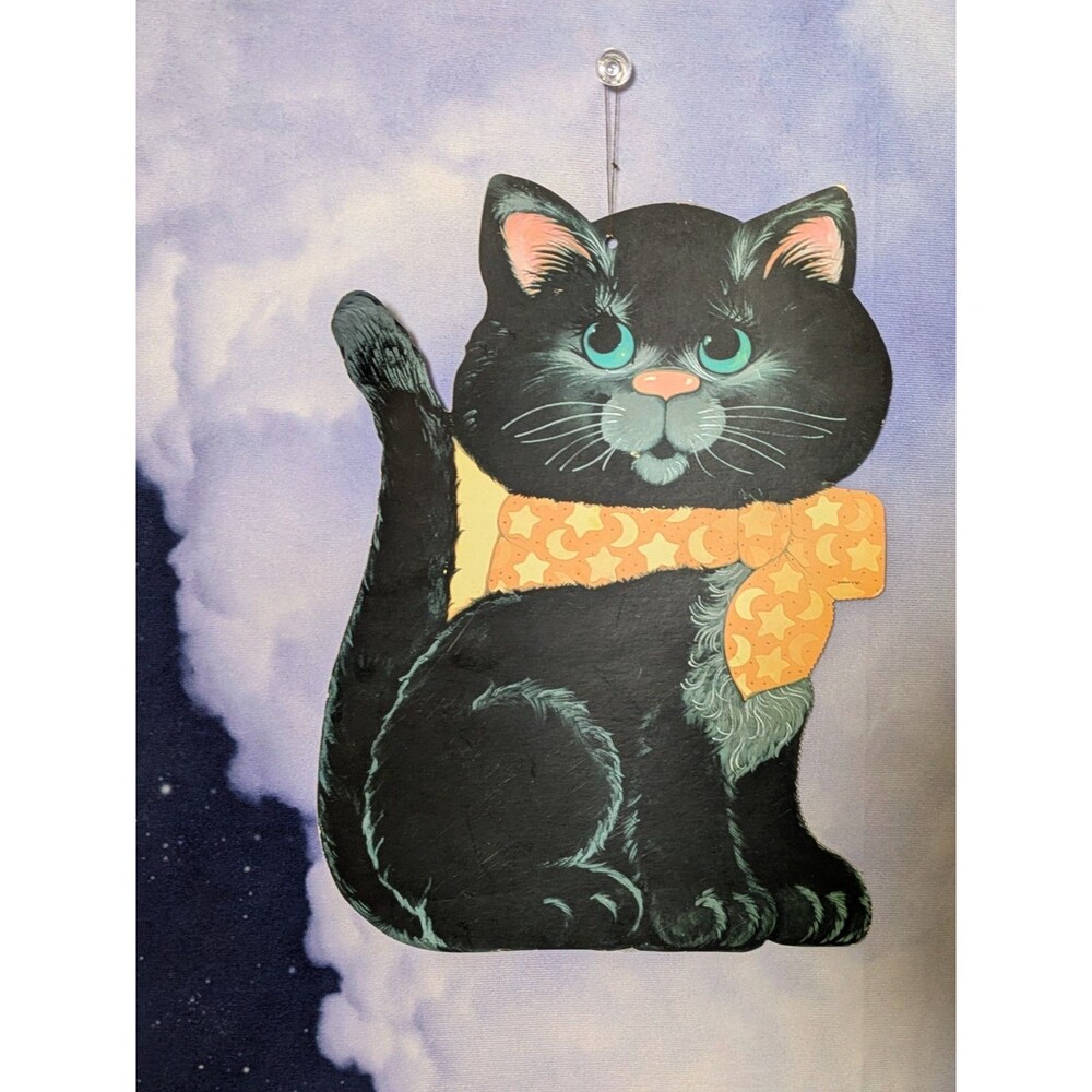 Vintage Eureka Black Cat Halloween Die Cut 9.5x13" Moon Star Bow Retro Decor